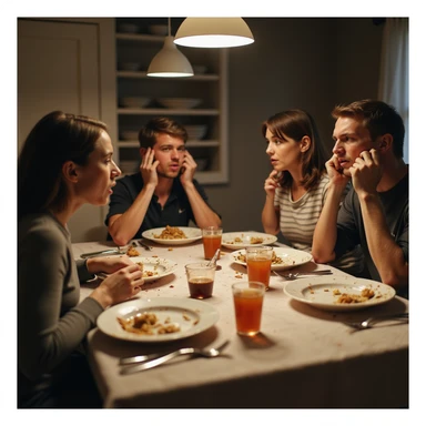 Family arguing at the dinner table, angry and frustrated expressions, messy plates and cutlery, domestic environment, hyperrealistic details, 4K resolution sticker