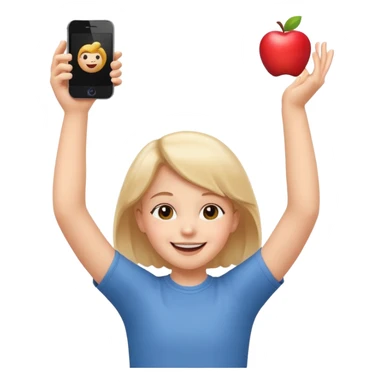 happy child dancing with a phone, arms above head, apple style emoji sticker