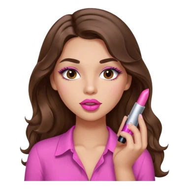 girl with long wavy brown hair, brown eyes, light to medium complexion, in a pink sexy shirt, pink lips, long lashes, puckered lips, putting on lipstick sticker