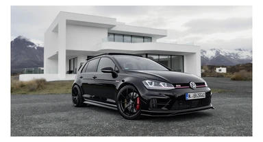 black Golf 4 with bodykit, in background is modern huge two flors white villa, in distance are iceland mountains, rule of thirds, shot on gopro hero, noise camera sticker