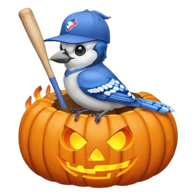 bluejay sitting on scarey Halloween fire inside pumpkin wearing MLB bluejay baseball hat holding a bat sticker
