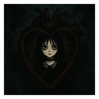 a heart with a goth girl inside, illustrative style, dark details, mysterious atmosphere sticker