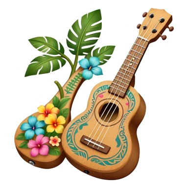 Ukulele with Polynesian carvings with flowers behind it sticker