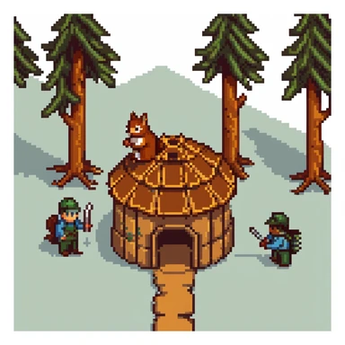 squirrel hut under construction with four workers sticker