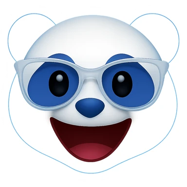 Add a subtle blue glow around the panda's head, keeping the playful 3D emoji look with white and #002FA7 blue coloring, translucent white designer glasses, and a big open-mouthed smile. Maintain the transparent background except for the glow. The style should resemble a 3D emoji style. sticker