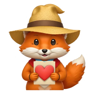 fox character, orange with white belly and fluffy tail, wearing a small festa junina accessory like a straw hat or bandana, holding a love letter with a heart on it, big heart eyes, cute affectionate smile, minimal background, emoji-style proportions, shiny and smooth Apple-like finish sticker