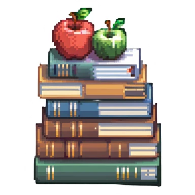 stack of school books with an apple sticker