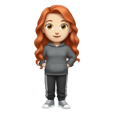 a white girl with red hair wearing lose grey sweats with a black sweater with white and grey lines  sticker