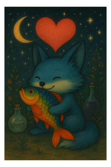 Add a magical, witchy background with stars, crescent moon, and potion bottles behind the blue fox hugging the rainbow fish with a big pink heart, in ghibli style. sticker