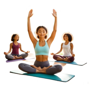 A person moves through a gentle yoga pose in the morning sun, one hand reaching up, the other near a plate of vibrant whole foods and a bottle of water. A cozy bed sits behind them, glowing softly. Nearby, a small group of friends laughs together under a tree—health, movement, nourishment, rest,  sticker