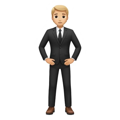 Caucasian male standing wearing dark suit and shoes, with hands on hips sticker
