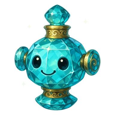 cute, luxurious crystal elixir bottle in the shape of a friendly and playful robot head, cyan color, lots of shining, facets, ornaments, golden details, magical effects, very small golden collar, transparent background, beautiful merging base, clearly floating in the air, no base or shadow, premium class impression, design matching a collection of crystal, luxurious, magical bottles sticker