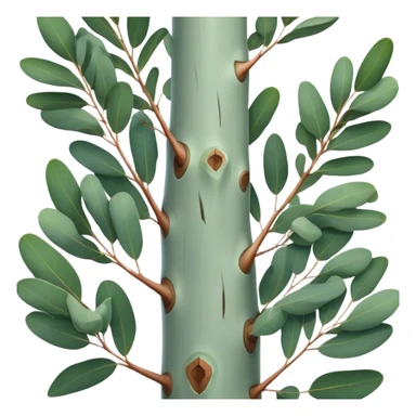 Cinematic Realistic Eucalyptus Emoji, Tall and graceful, with slender trunks covered in smooth, peeling bark and large, fragrant leaves. The eucalyptus trees sway gently in the breeze, releasing a calming aroma that fills the air. Soft glowing outline, capturing the essence of rugged beauty and natural serenity in a tall eucalyptus tree! sticker