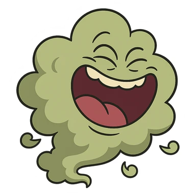 a green fart cloud with a wide open mouth laughing, comic style sticker