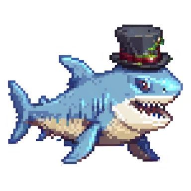 A pixel art style image of a shark wearing a top hat, facing left. sticker