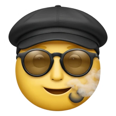A high-res yellow face emoji with black sunglasses and a backwards black cap, smirking with half-lidded eyes and exhaling soft gray-white smoke, with detailed shading, glossy lenses, and realistic smoke wisps. sticker