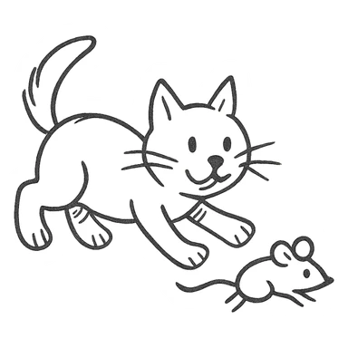hand drawn outlined cat chasing a mouse icon sticker