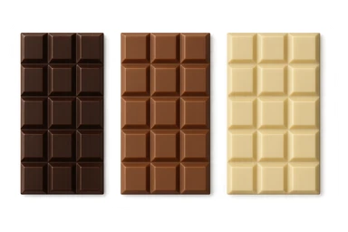 3 BARRETTE DI CIOCCOLATO, UNA FONDENTE, UNA AL LATTE E UNA BIANCA, VISTE DALL'ALTO, IPERREALISTICO 4K sticker