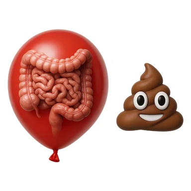 intestino umano anatomico chiuso in un palloncino rosso che simboleggia gonfiore, accanto un simbolo di cacca stile emoji iphoneche simboleggia "diarrea", iperrealistico 4k sticker