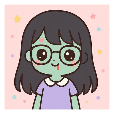 zombie girl with long black hair, bangs, and glasses, anime kawaii style sticker