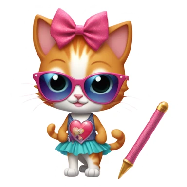 A ginger kitten wearing a skirt and point shoes holding a magic wand and wearing heart shaped sun glasses sticker