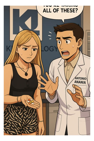 fai un webtoon/manga a colori con questo kinesiologo in camice bianco (fagli la scritta "ANTONIO ANANIA" SUL CAMICE) CHE PARLA CON QUESTA RAGAZZA. LA RAGAZZA HA UN PUGNO DI INTEGRATORI IN MANO (TANTE PILLOLE DIVERSE) E LE GUARDA DUBBIOSA. IL KINESIOLOGO CON IL CAMICE BIANCO LE DOMANDA UNA COSA SCIOCCATO. NON FARE I FUMETTI, FAI SOLO LORO COME SE DIALOGASSERO sticker