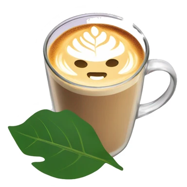 A latte in a clear glass mug with a leaf-shaped latte art design sticker