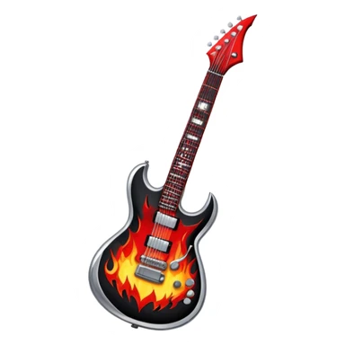 Create a bold and powerful emoji representing rock vocal performance in a humanless collage. The design should feature a vintage microphone at the center, surrounded by a heavy, aggressive hardcore electric guitar with sharp, jagged edges. Include crossed drumsticks behind the guitar, symbolizing the intense rhythm of rock music. Add fiery elements like flames or lightning bolts to enhance the raw energy of the design. Use dark, bold colors like black, red, and silver, with metallic or chrome accents to reflect the rebellious, hard-hitting nature of rock. The background should be transparent. sticker