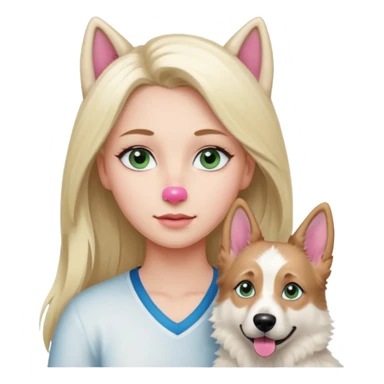 White European young woman with blue-green eyes and long blond hair with her white German Shepherd dog,the Dog has a pink nose and short fur  and Brown eyes sticker