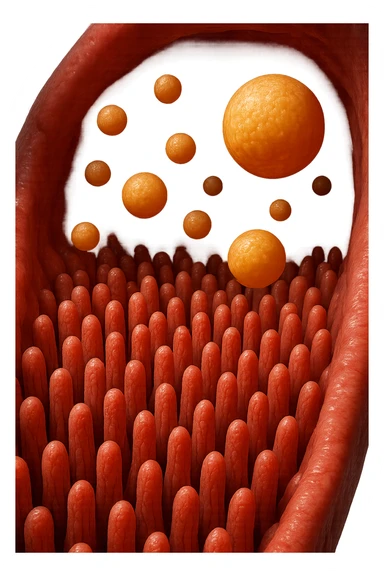 VILLI INTESTINALI CON CELLULE DI GRASSO CHE CI FLUTTUANO SOPRA, INTERNO REALISTICO DI UN INTESTINO, IPERREALISTICO 4K sticker