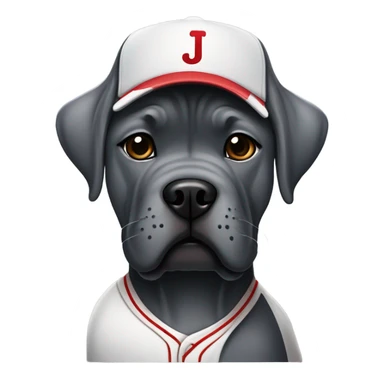 Grey Cane Corso in a baseball uniform with a monogrammed J. sticker