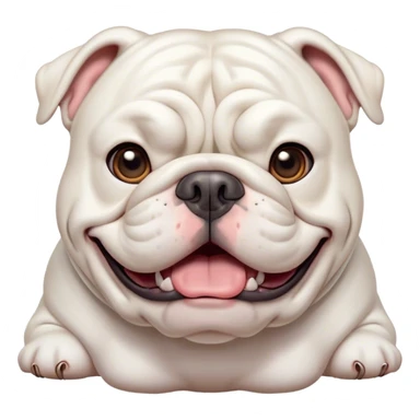 Cinematic Comical White English Bulldog Portrait Emoji, Head tilted dramatically with an exaggeratedly amused expression, featuring a striking pure white coat with a subtle sheen, wide, expressive brown eyes filled with playful disbelief, Simplified yet hilariously expressive features, highly detailed, glowing with a slightly sassy glow, high shine, dramatic yet playful, stylized with an air of cheeky defiance, bright and endearing, soft glowing outline, capturing the essence of a spirited and over-the-top guardian, so meme-worthy it feels like it could side-eye its way into internet fame instantly! sticker