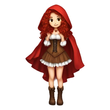 Little Red Riding Hood long curly red hair, brown corset and dress full body pose non-chibi sticker