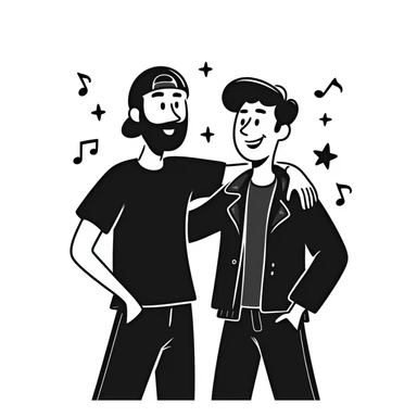 Two male musicians side by side with one arm over the other's shoulder: a 35-year-old with stylized beard, backwards cap, rocker style, and a younger 25-year-old musician, both smiling. Music notes and stars around them. Other band members celebrating in the background. sticker