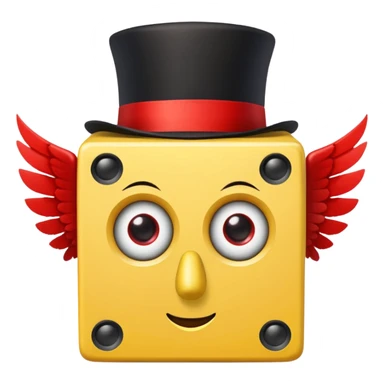 yellow lucky block, with 2 red question marks for the pupils inside the eyes, wings, and a red top hat, and has the :3 face  sticker