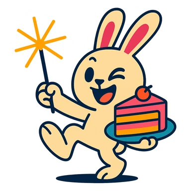 bunny holding cake slice and sparkler, winking, vibrant-toon style sticker