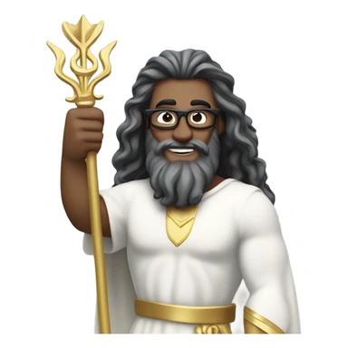 Poseidon with gold Trident and glasses. long hair white dress. smile . eye wink. point us with index sticker