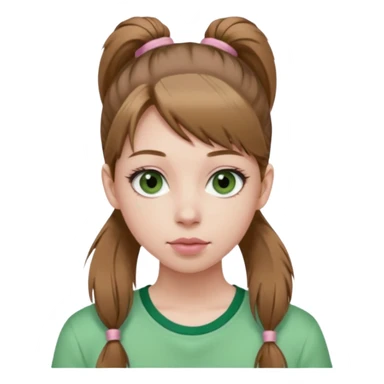 create an emoji of a young woman. She has a nice look, with long light brown hair in a single ponytail with a hair tie, dark green eyes, pale skin, natural soft pink lips. she wears a green y2k top sticker