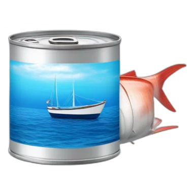 realistic can of tuna fish sowing the blue shape of a sailling boat on a sea background sticker