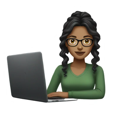 Light brown-skinned girl with long, wavy black hair, with clear glasses wearing a black laptop, wearing a green shirt. sticker
