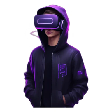 Russian young man wearing a black hoodie with "KEESY" letters on it and VR headset in a cyberpunk VR environment with violet neon lighting. sticker