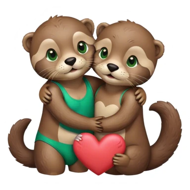 Otter with green eyes and an otter with brown eyes in swim trunks hugging with a heart  sticker