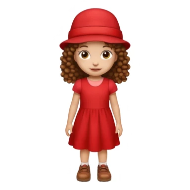 little girl with brown curly hair, light skin, red dress, red hat, brown shoes, emoji style icon sticker