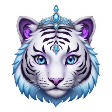 ESO Female white/black tiger khajiit leader of the umbral rose, glowing blue eyes, glowing blue 'third eye' gem; beautiful desined purple gemmed silver tiara sticker