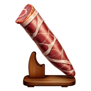 ​Cinematic Realistic Spanish Jamón Leg, depicted as a massive, cured leg of Jamón serrano (ham) with a deep reddish-brown hue, intricately marbled and slightly glossy with age, elegantly displayed on a rustic wooden stand and bathed in warm, soft lighting that accentuates its artisanal heritage, sticker
