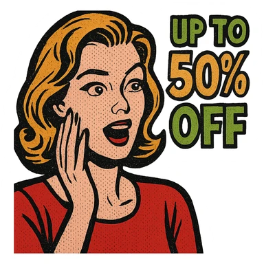 comic style text 'UP TO 50% OFF' in bright green and orange colors, no background sticker