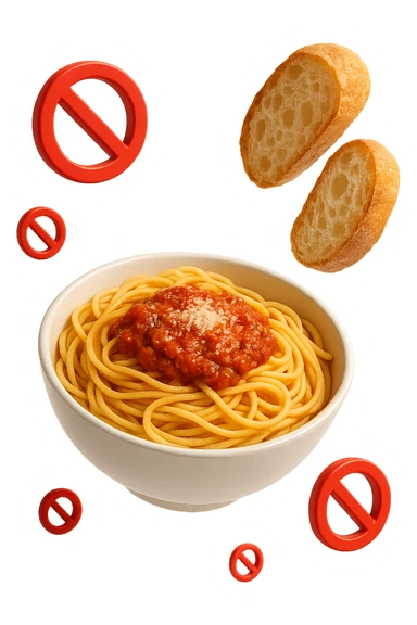 bowl di pasta e fettine di pane che fluttuano in aria con piccoli divieti 3d, sfondo bianco, iperrealistico 4k sticker