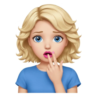 Girl Blonde short wavy hair,  blue eyes, cute blue top, long lashes, pink lips, shocked, hand over the mouth sticker