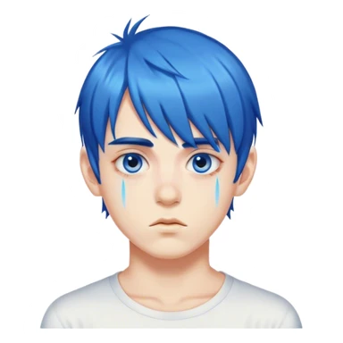 A boy with highly saturated blue hair, bangs above his eyebrows, and double eyelids sticker
