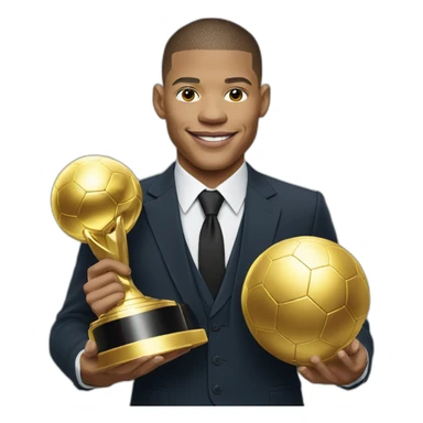 Mbappé in suit and tie with the Golden Ball trophy winner sticker